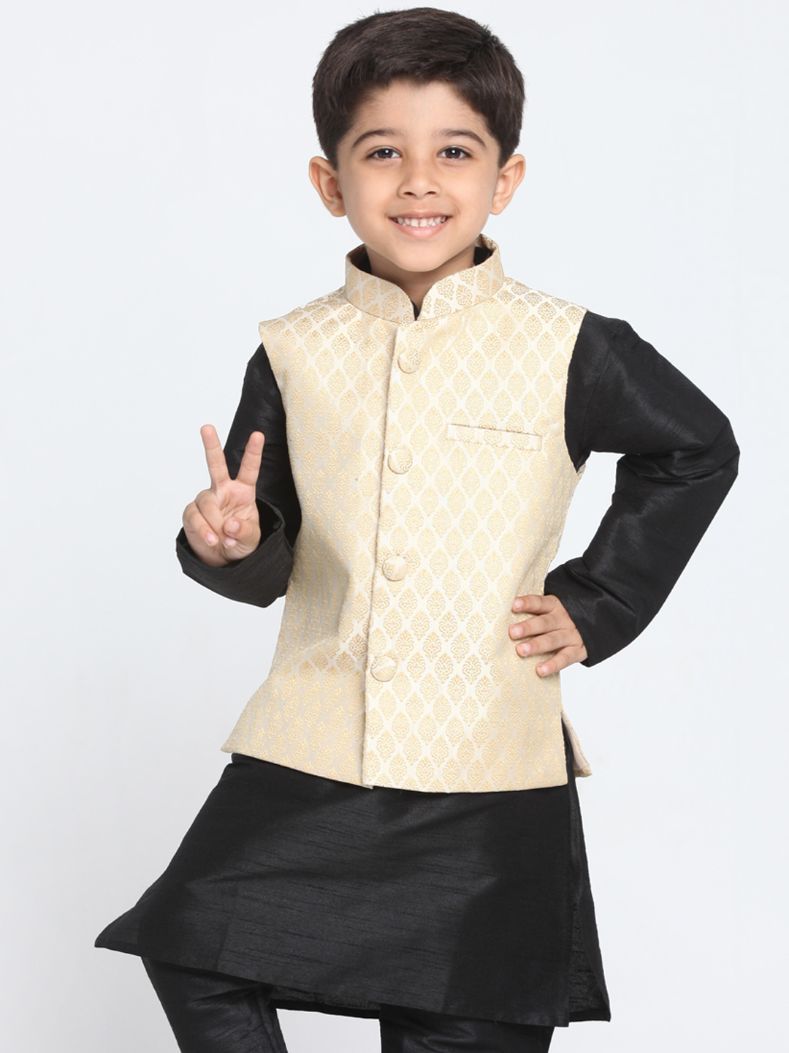 Vastramay Boys Beige Cotton Silk Blend Nehru Jacket - qivii