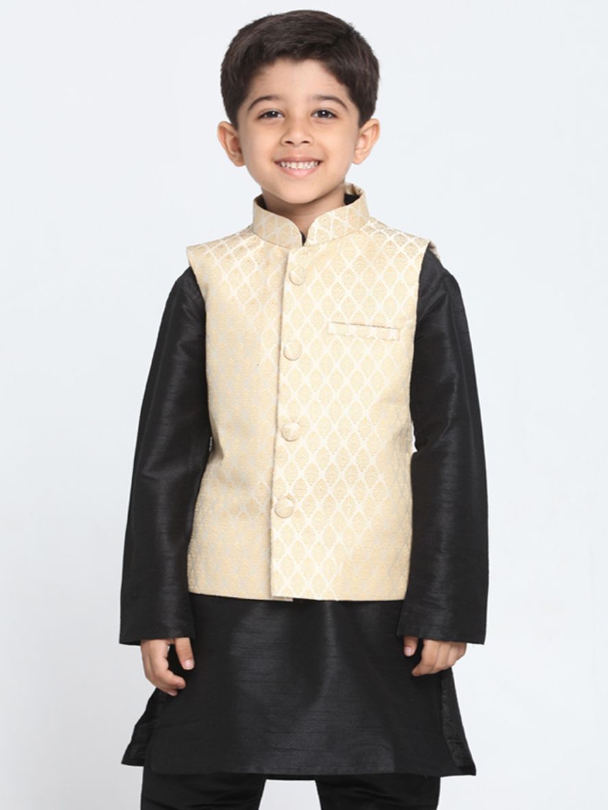 Vastramay Boys Beige Cotton Silk Blend Nehru Jacket - qivii