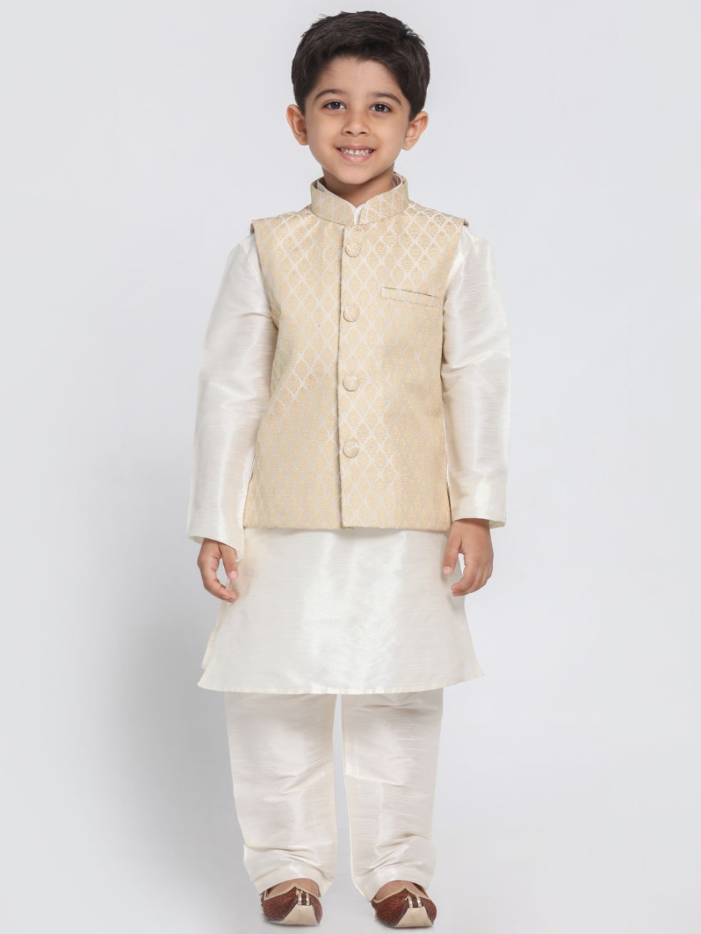 Vastramay Boys Beige Cotton Silk Blend Kurta, Waistcoat and Pyjama Set - qivii