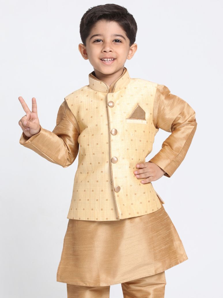 VASTRAMAY Boys Gold Silk Blend Nehru Jacket - qivii