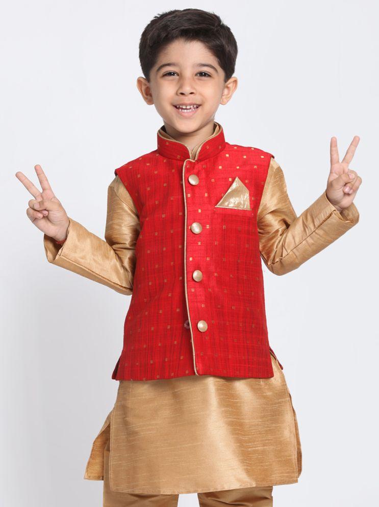 VASTRAMAY Boys Maroon Woven Design Nehru Jacket - qivii