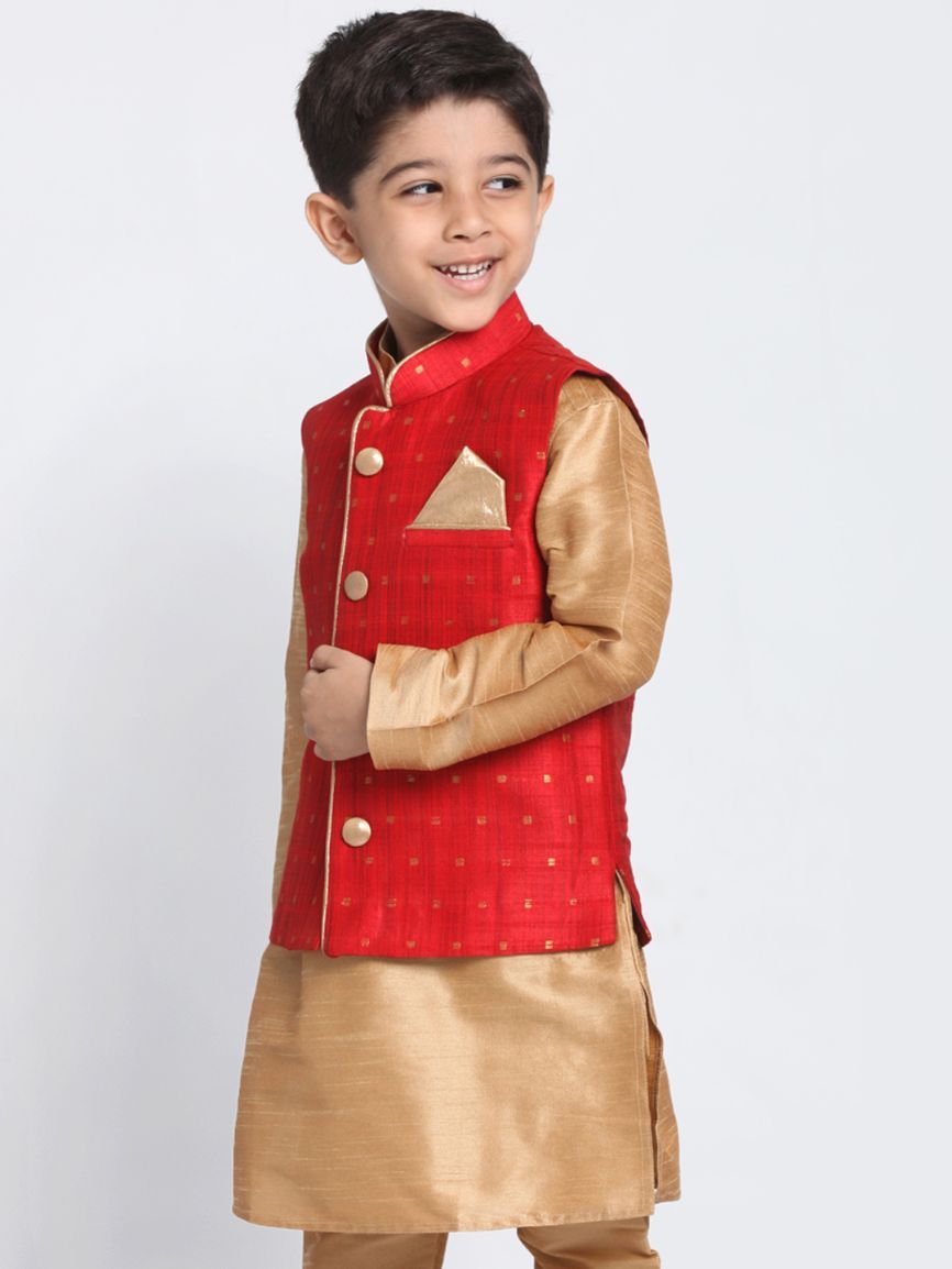 VASTRAMAY Boys Maroon Woven Design Nehru Jacket - qivii