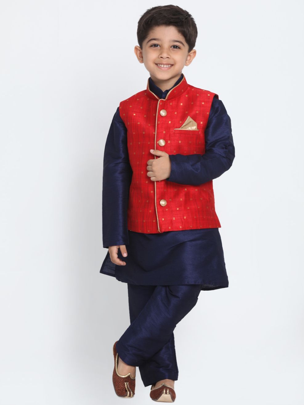 Vastramay Boys Maroon Silk Blend Nehru Jacket With Navy Blue Kurta And Pyjama Set - qivii