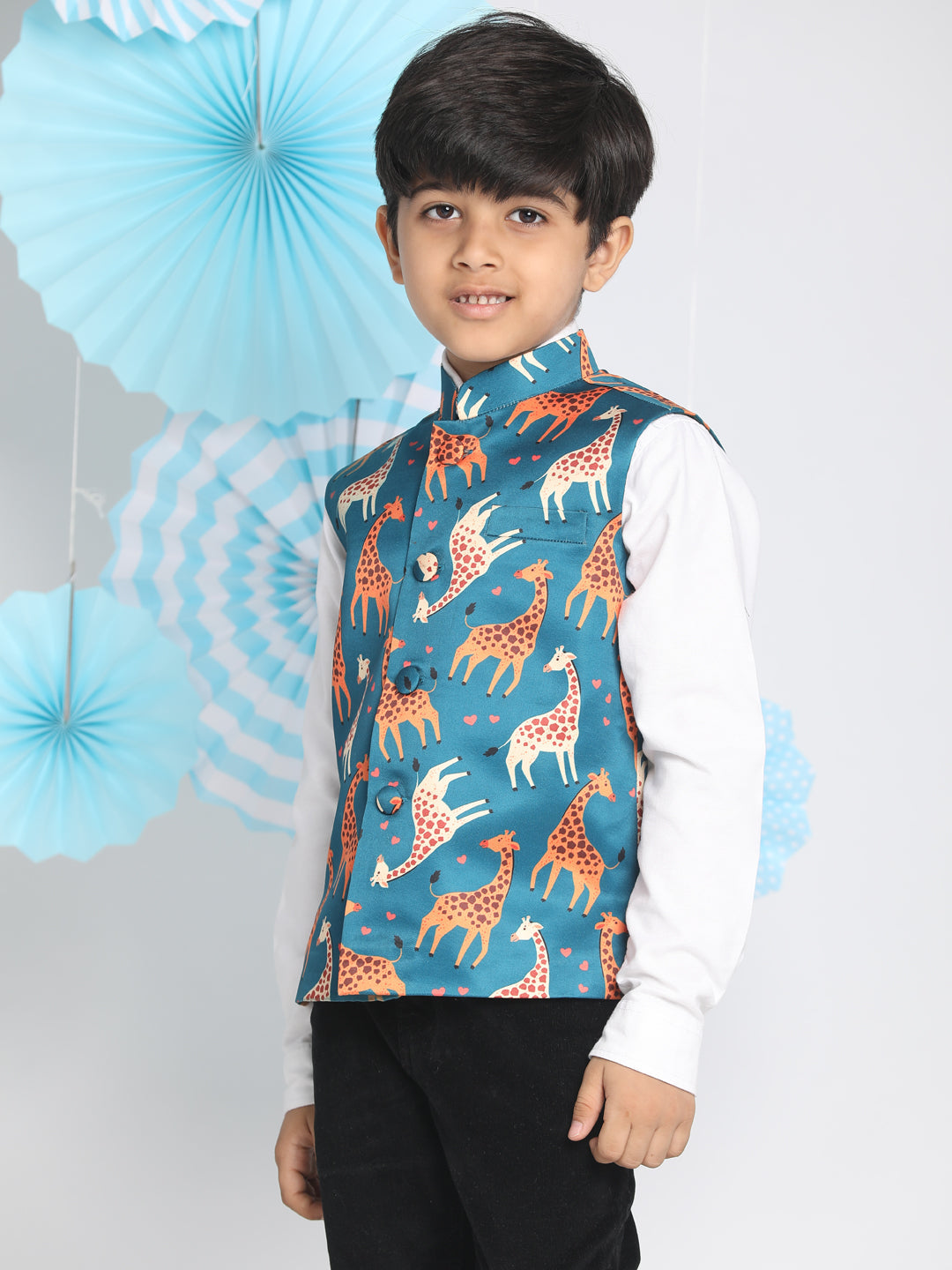 VASTRAMAY Boys Multicolor-Base-Turquoise Nehru Jacket - qivii