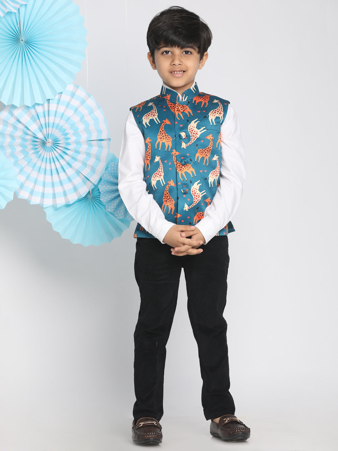 VASTRAMAY Boys Multicolor-Base-Turquoise Nehru Jacket - qivii