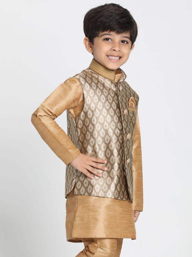 VASTRAMAY Boys' Gold Cotton Silk Blend Nehru Jacket - qivii