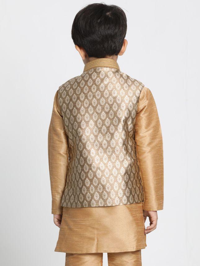 VASTRAMAY Boys' Gold Cotton Silk Blend Nehru Jacket - qivii