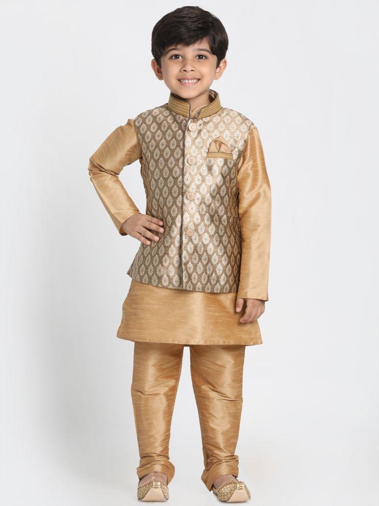 VASTRAMAY Boys' Gold Cotton Silk Blend Nehru Jacket - qivii