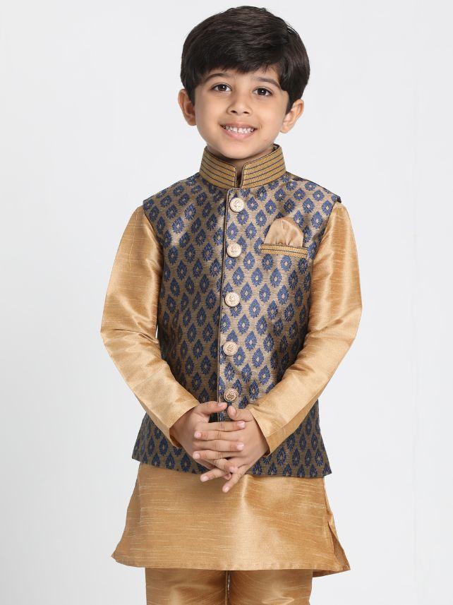 VASTRAMAY Boys' Deep Blue Cotton Silk Blend Nehru Jacket - qivii