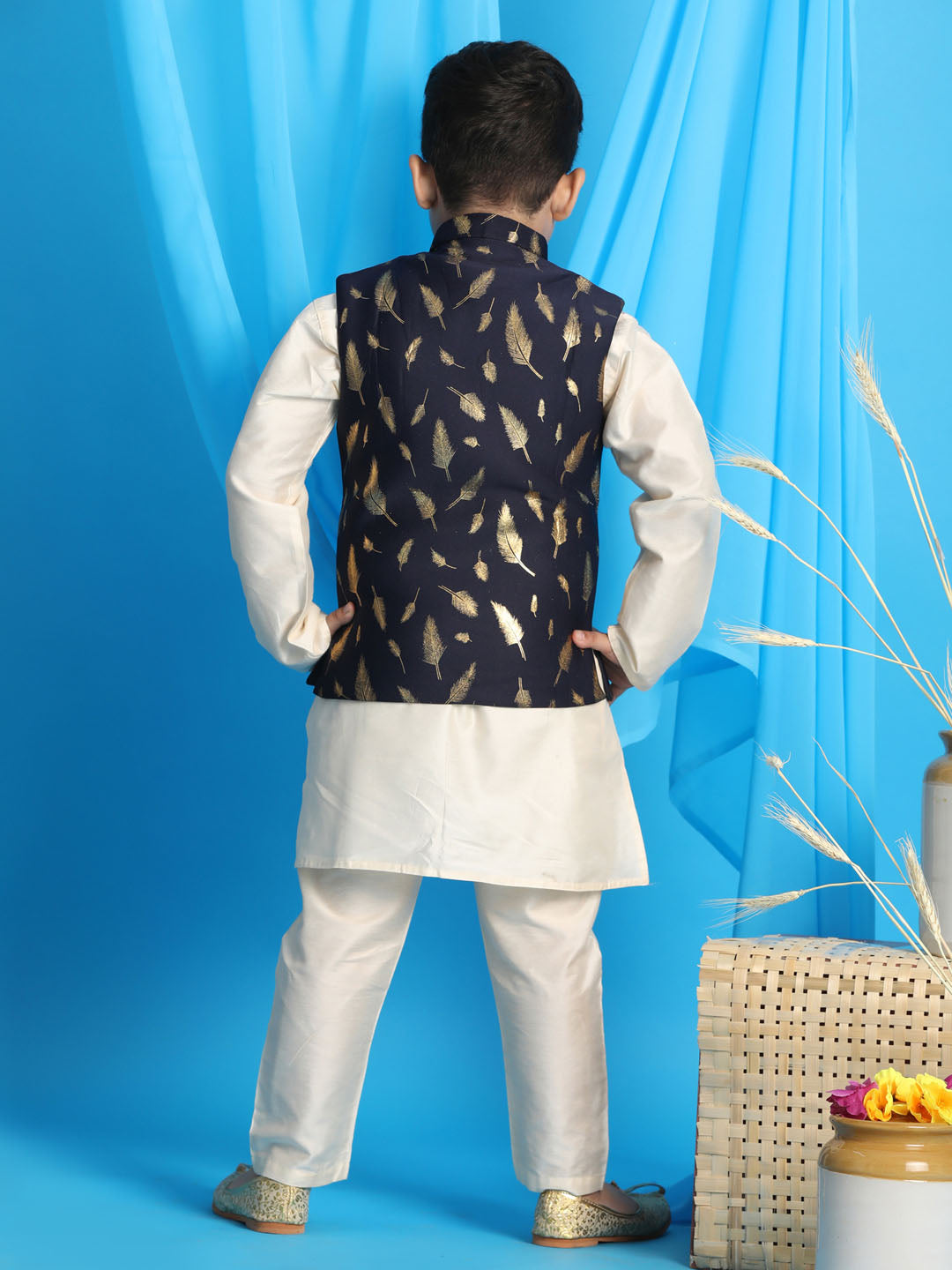 VASTRAMAY Boy's Navy Blue Golden Printed Jacket With Cream Kurta Pyjama set - qivii