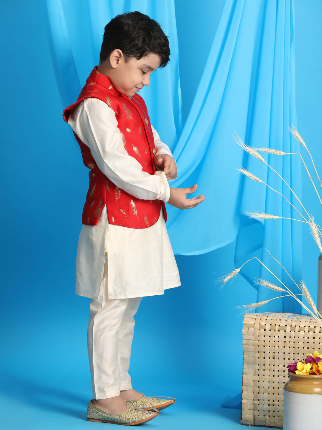 VASTRAMAY Boy's Red Golden Printed Jacket With Cream Kurta Pyjama set - qivii