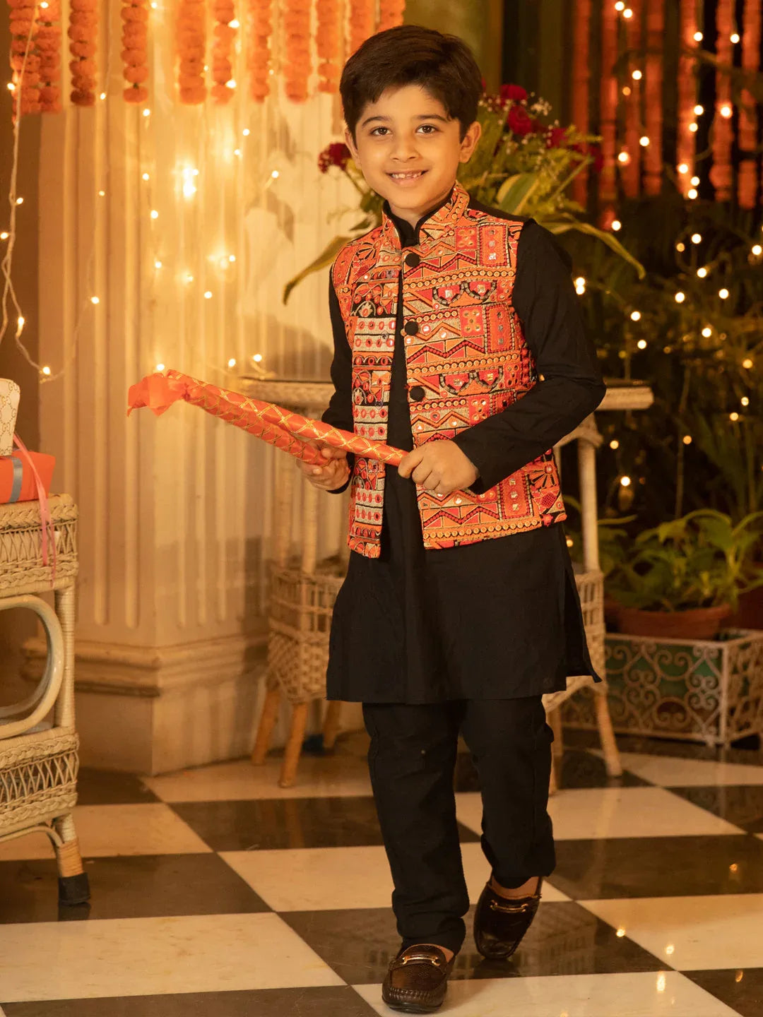 Boy's' Orange And Black Jacket, Kurta And Pyjama Set