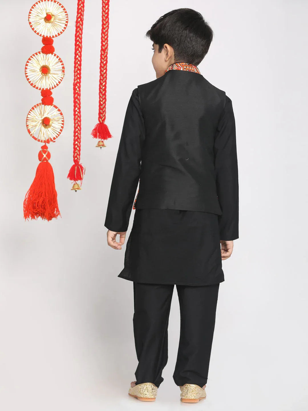Boy's' Orange And Black Jacket, Kurta And Pyjama Set