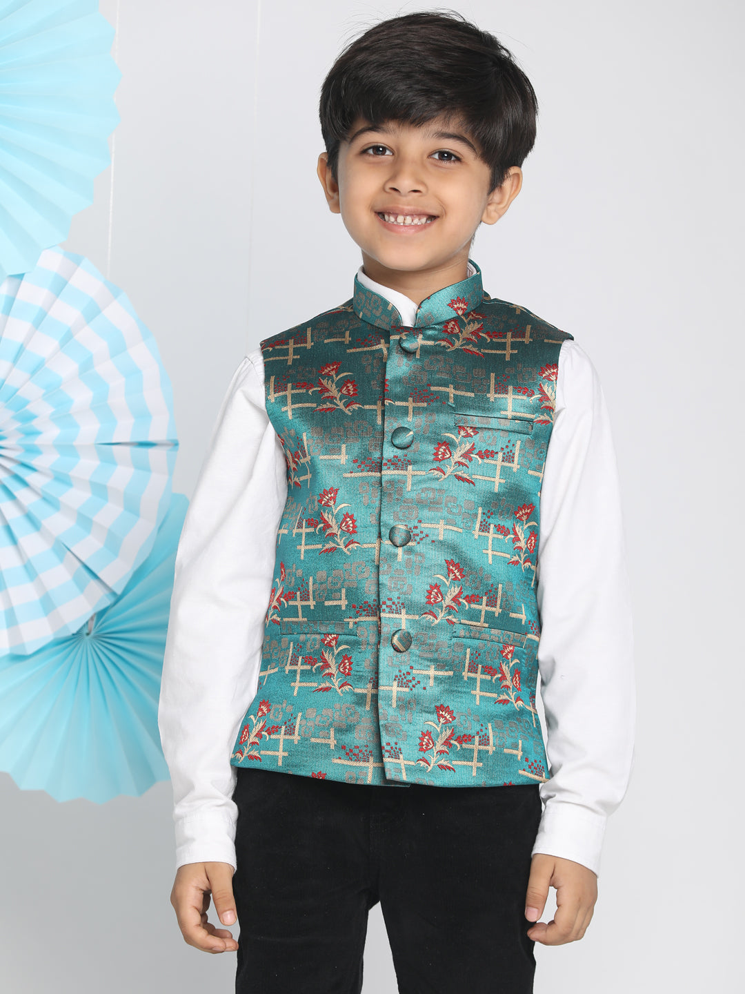 VASTRAMAY Boys' Multicolor-Base-Green Jacquard Nehru Jacket - qivii
