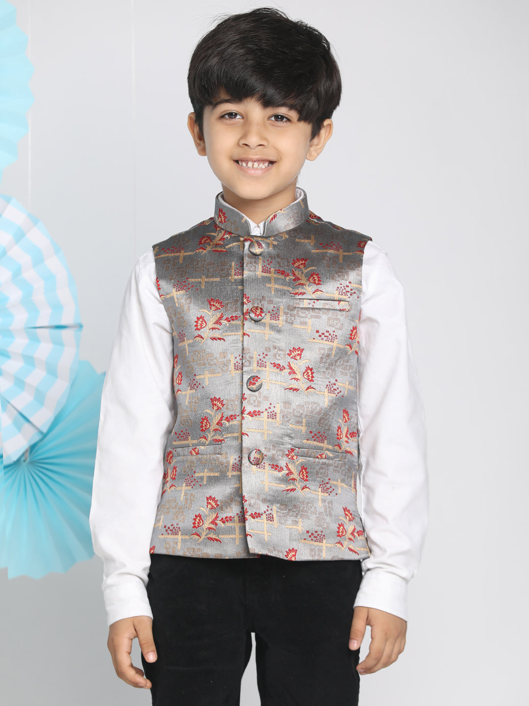VASTRAMAY Boys' Multicolor-Base-Grey Jacquard Nehru Jacket - qivii