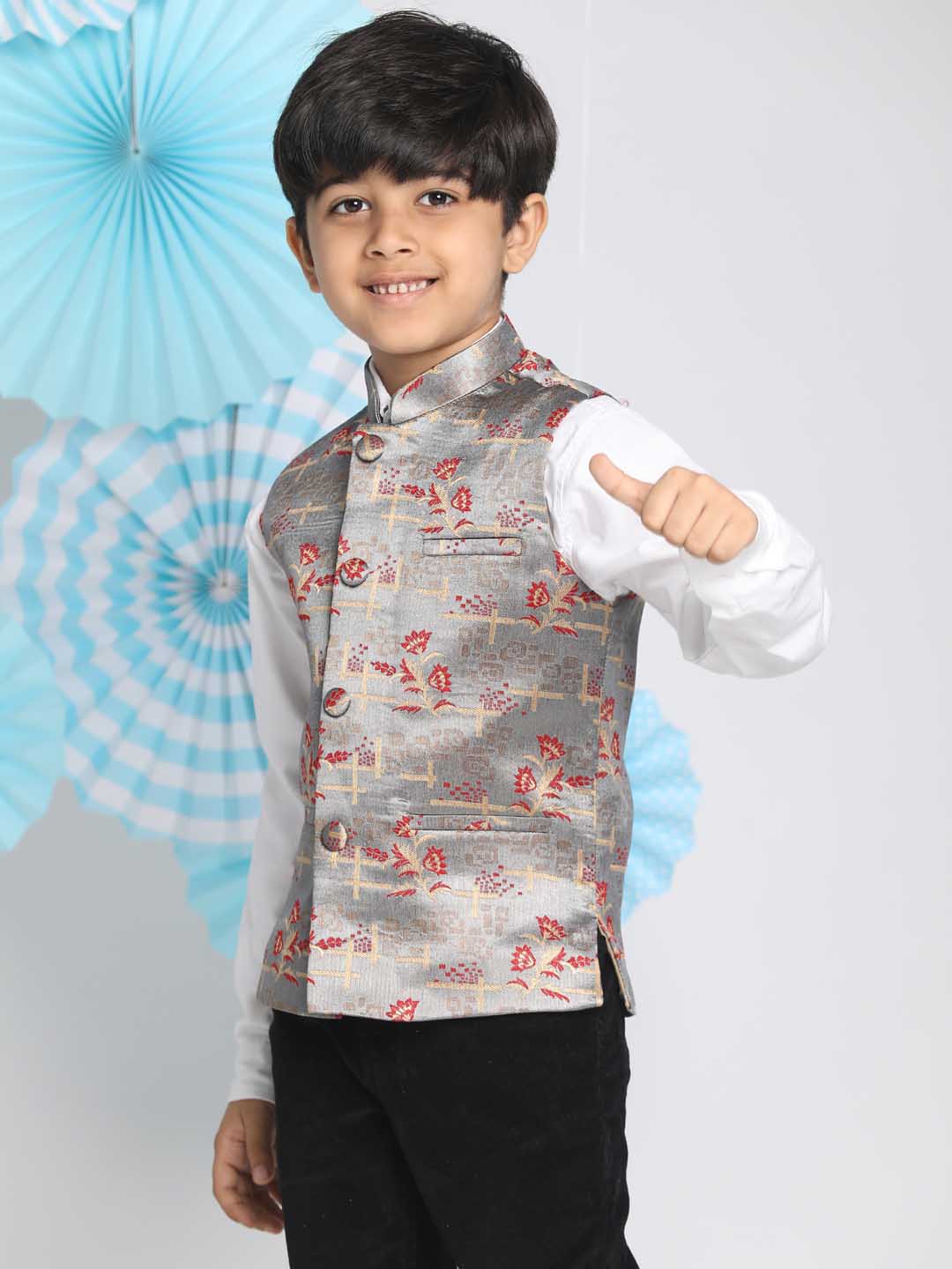 VASTRAMAY Boys' Multicolor-Base-Grey Jacquard Nehru Jacket - qivii