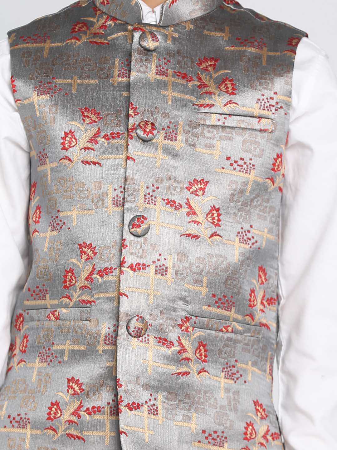 VASTRAMAY Boys' Multicolor-Base-Grey Jacquard Nehru Jacket - qivii