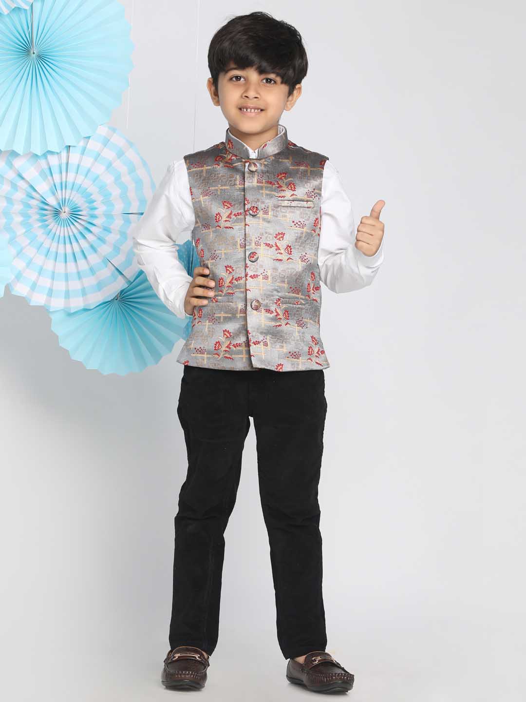 VASTRAMAY Boys' Multicolor-Base-Grey Jacquard Nehru Jacket - qivii