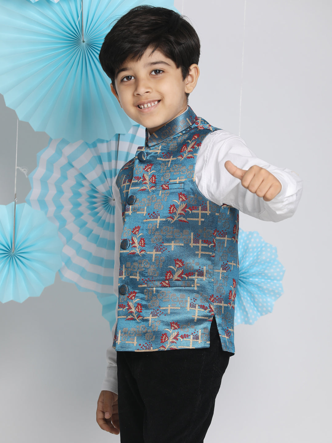 VASTRAMAY Boys' Multicolor-Base-Turquoise Jacquard Nehru Jacket - qivii