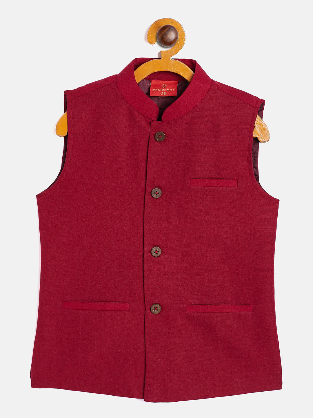 Vastramay Boys' Maroon Cotton Blend Slim Fit Nehru Jacket - qivii