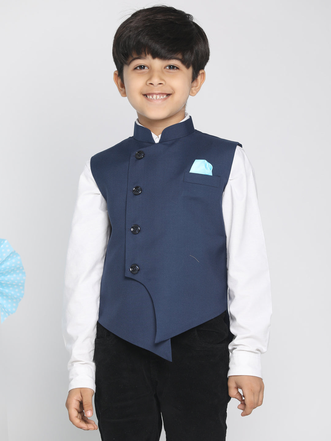 Vastramay Boy's Blue Cotton Blend Twill Nehru Jacket - qivii