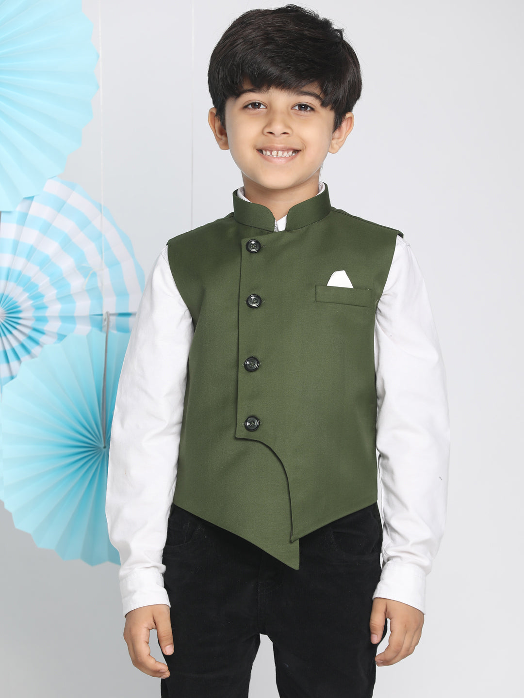 Vastramay Boy's Dark Green Cotton Blend Twill Nehru Jacket - qivii