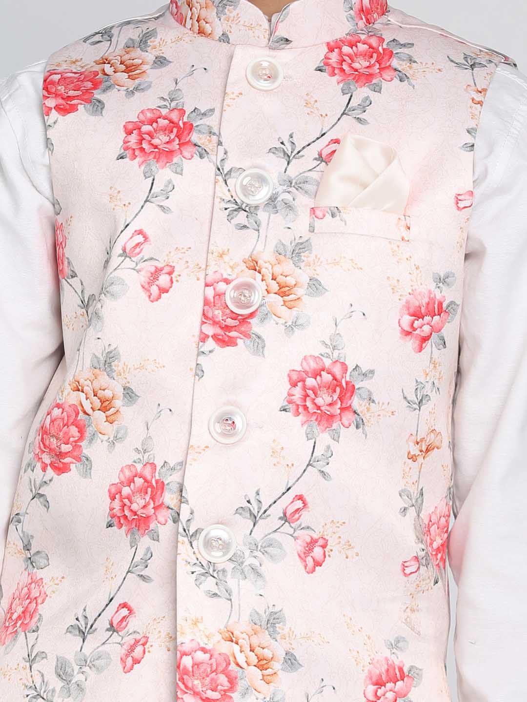 VASTRAMAY Boys Multicolor-Base-Peach Floral Printed Nehru Jacket - qivii