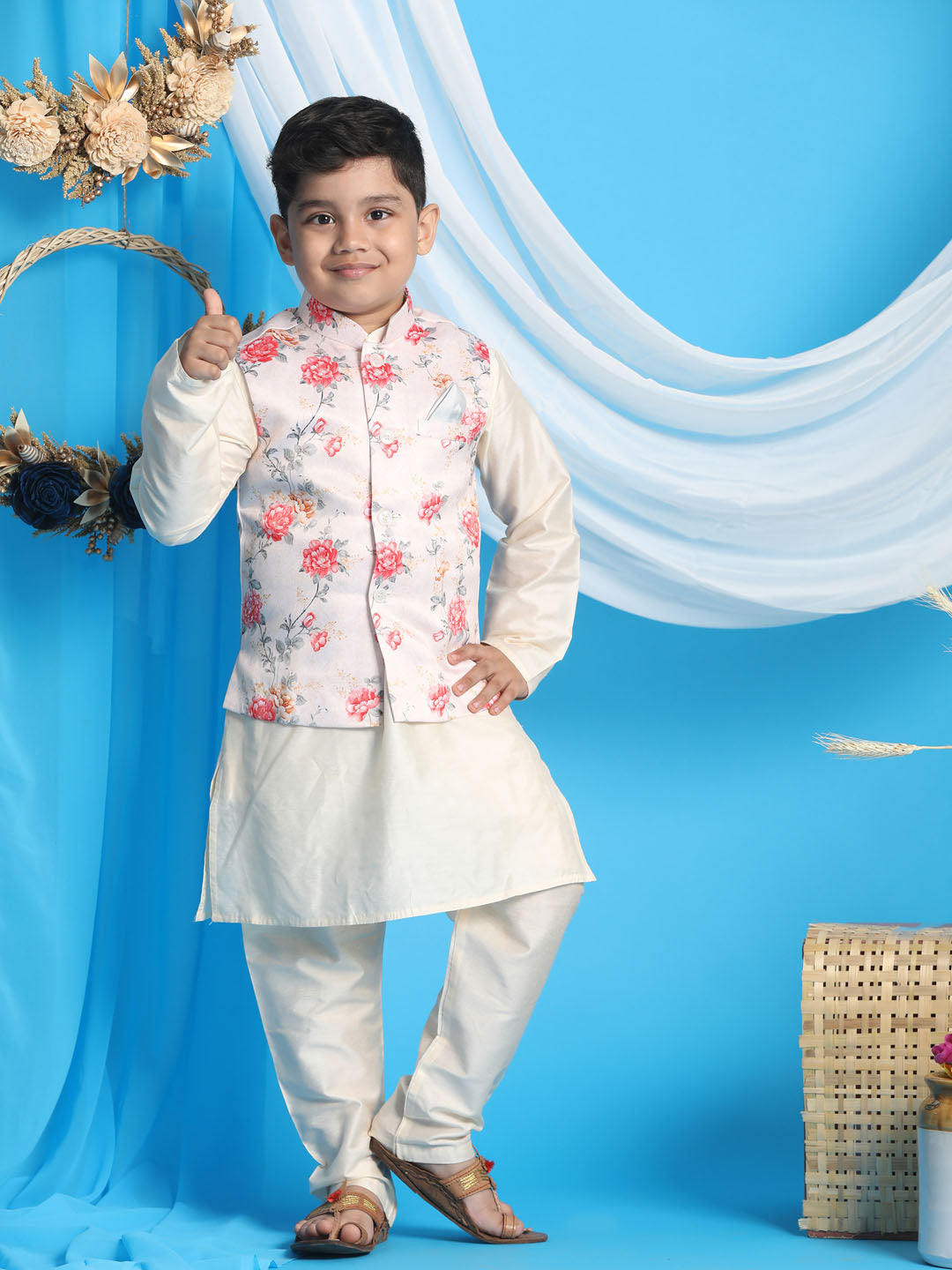 VASTRAMAY Boys Peach Floral Printed Nehru Jacket With Cream Color Kurta And Pyjama Set - qivii