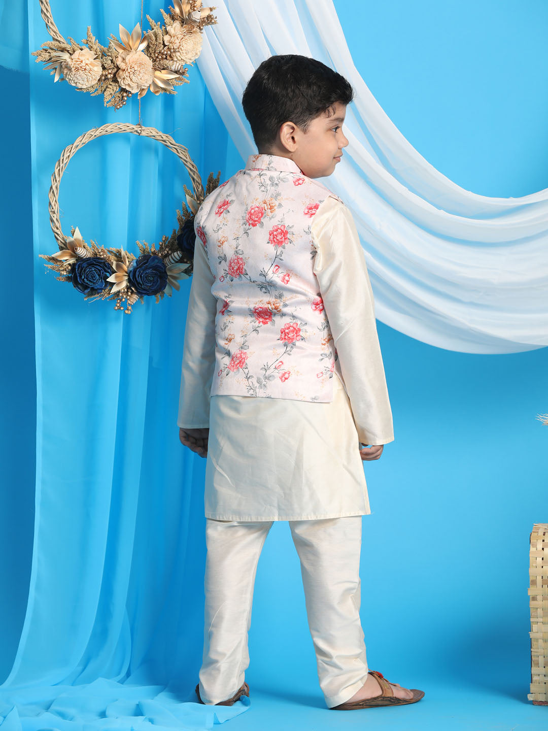 VASTRAMAY Boys Peach Floral Printed Nehru Jacket With Cream Color Kurta And Pyjama Set - qivii