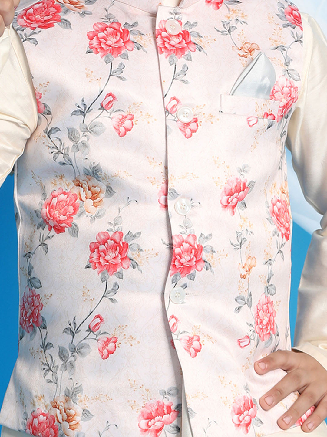 VASTRAMAY Boys Peach Floral Printed Nehru Jacket With Cream Color Kurta And Pyjama Set - qivii