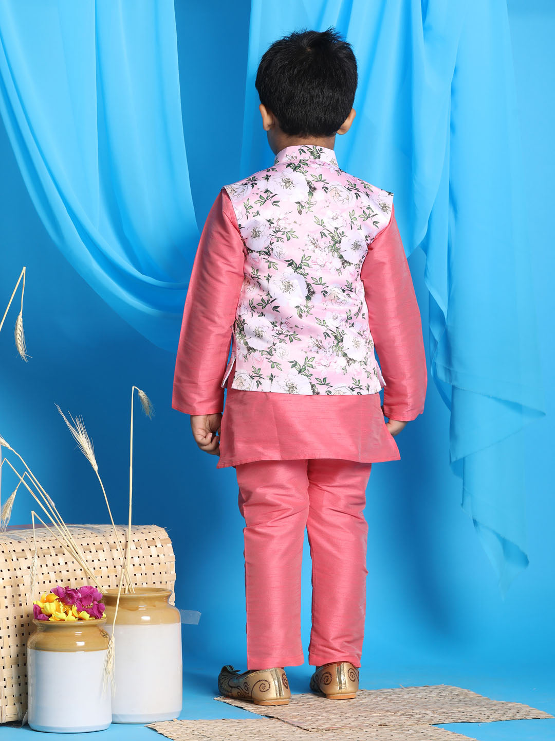 VASTRAMAY Boy's pink Floral Print Jacket With Pink Kurta and Pyjama Set - qivii