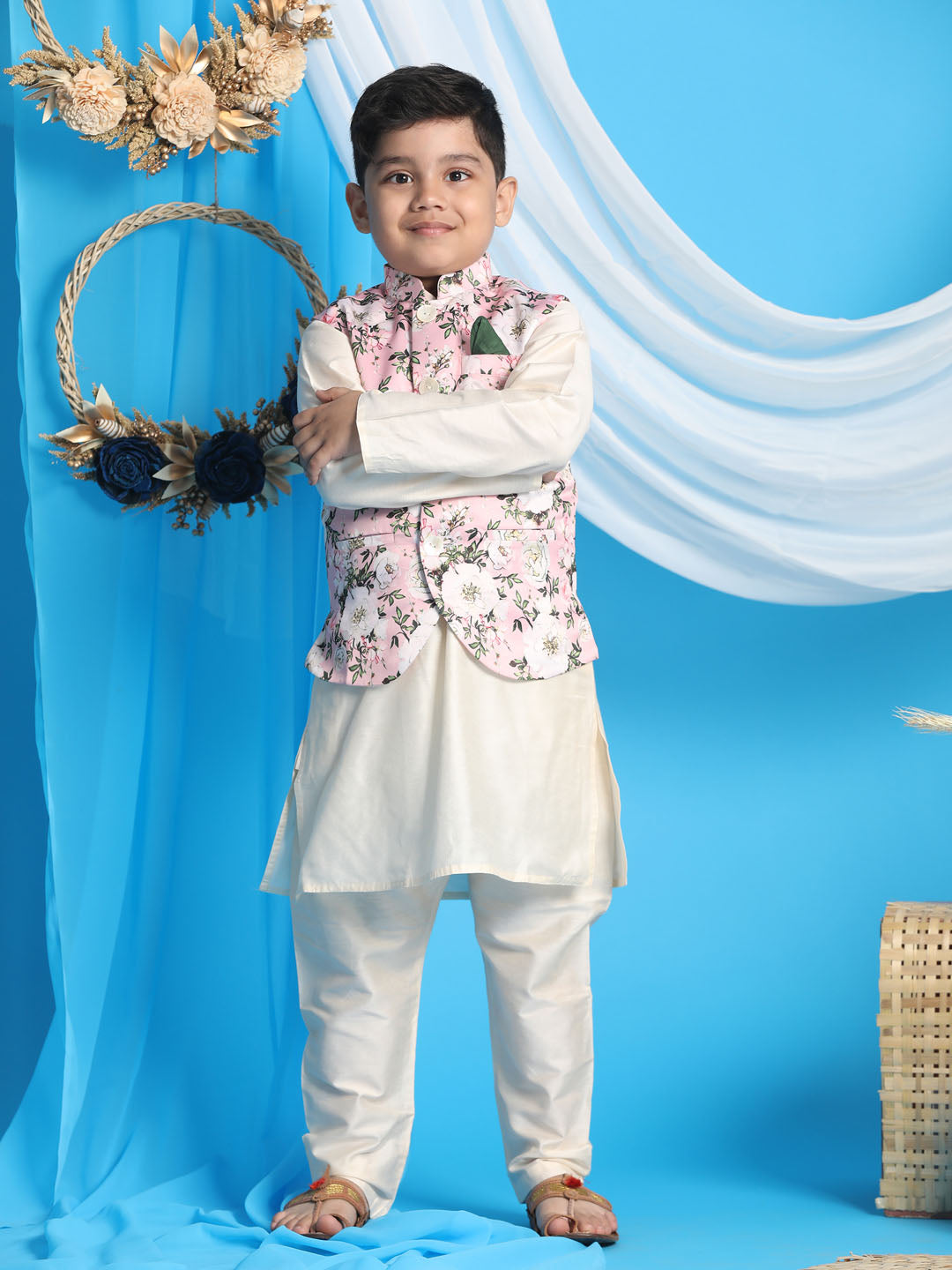 Vastramay Boys Pink Floral Printed Nehru Jacket With Cream Color Kurta And Pyjama Set - qivii