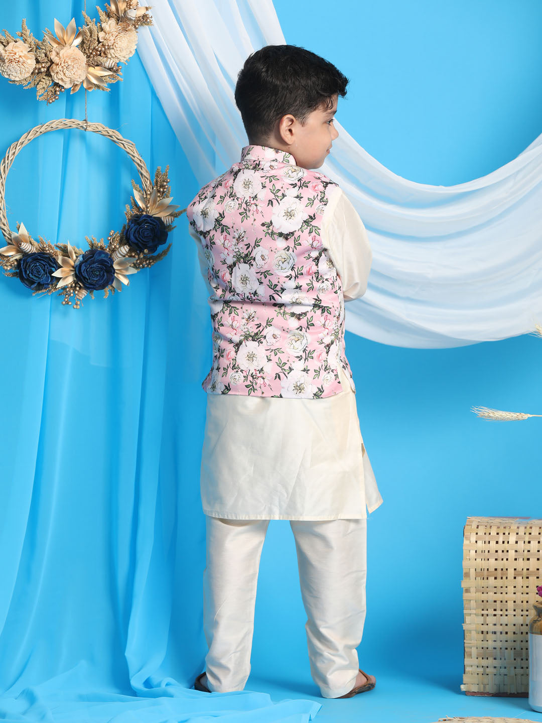 Vastramay Boys Pink Floral Printed Nehru Jacket With Cream Color Kurta And Pyjama Set - qivii