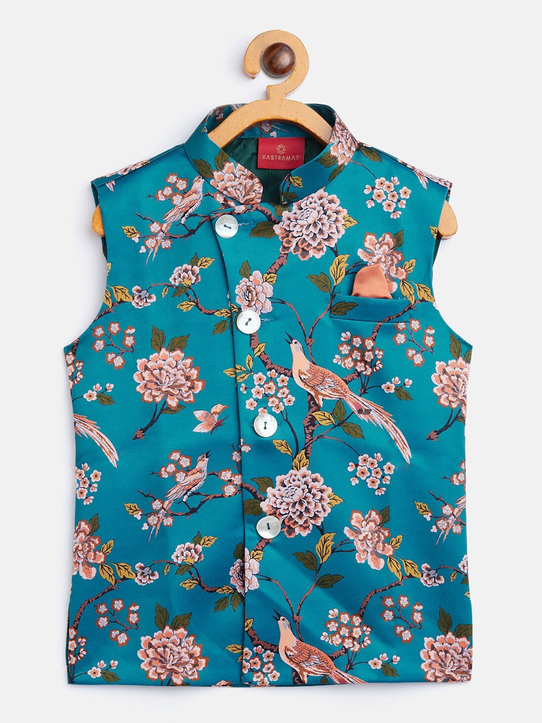 VASTRAMAY Boys Turquoise Blue & Green Printed Nehru Jacket - qivii