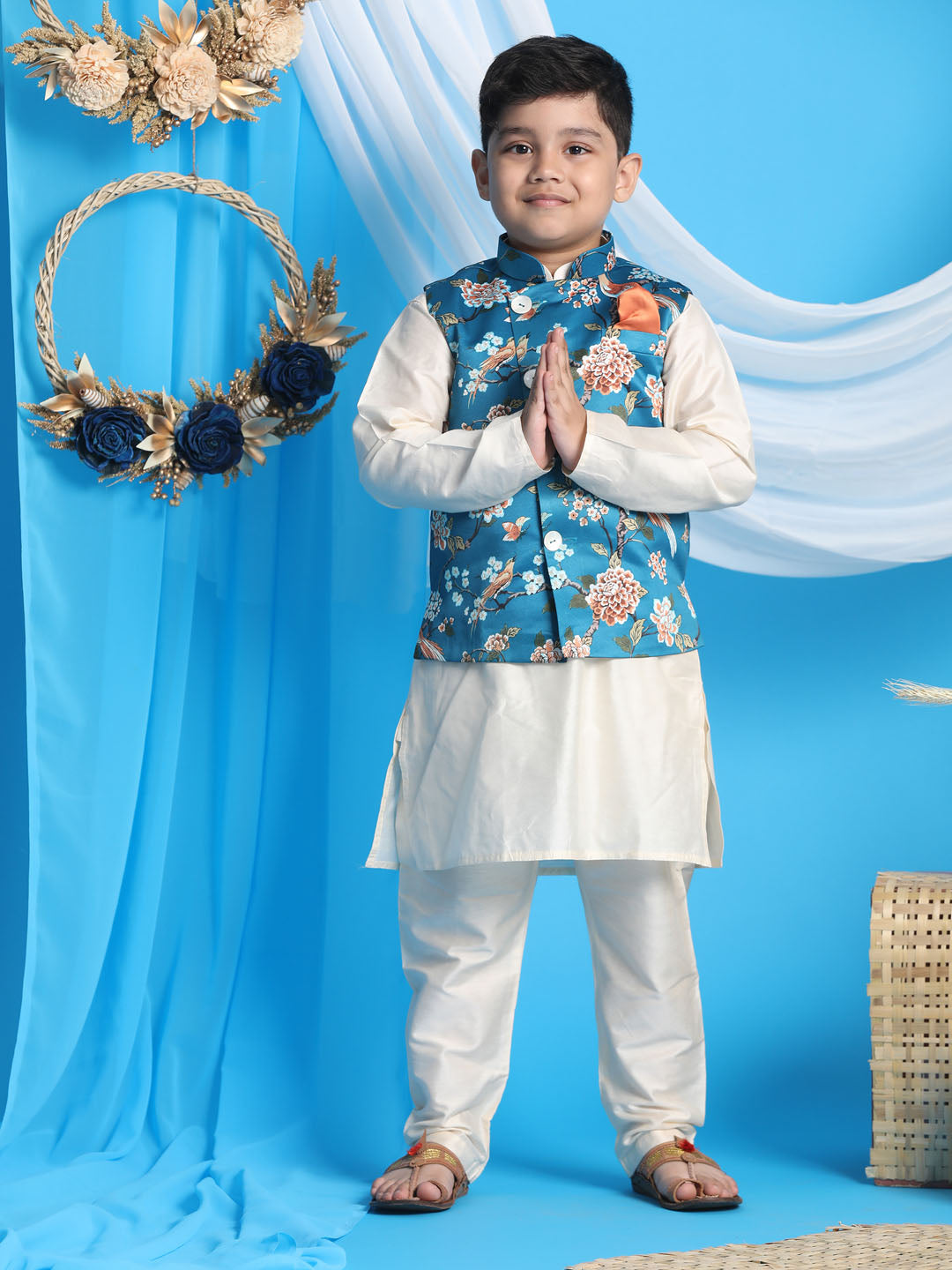 VASTRAMAY Boys Turquoise Blue & Green Printed Nehru Jacket With Cream Color Kurta And Pyjama Set - qivii