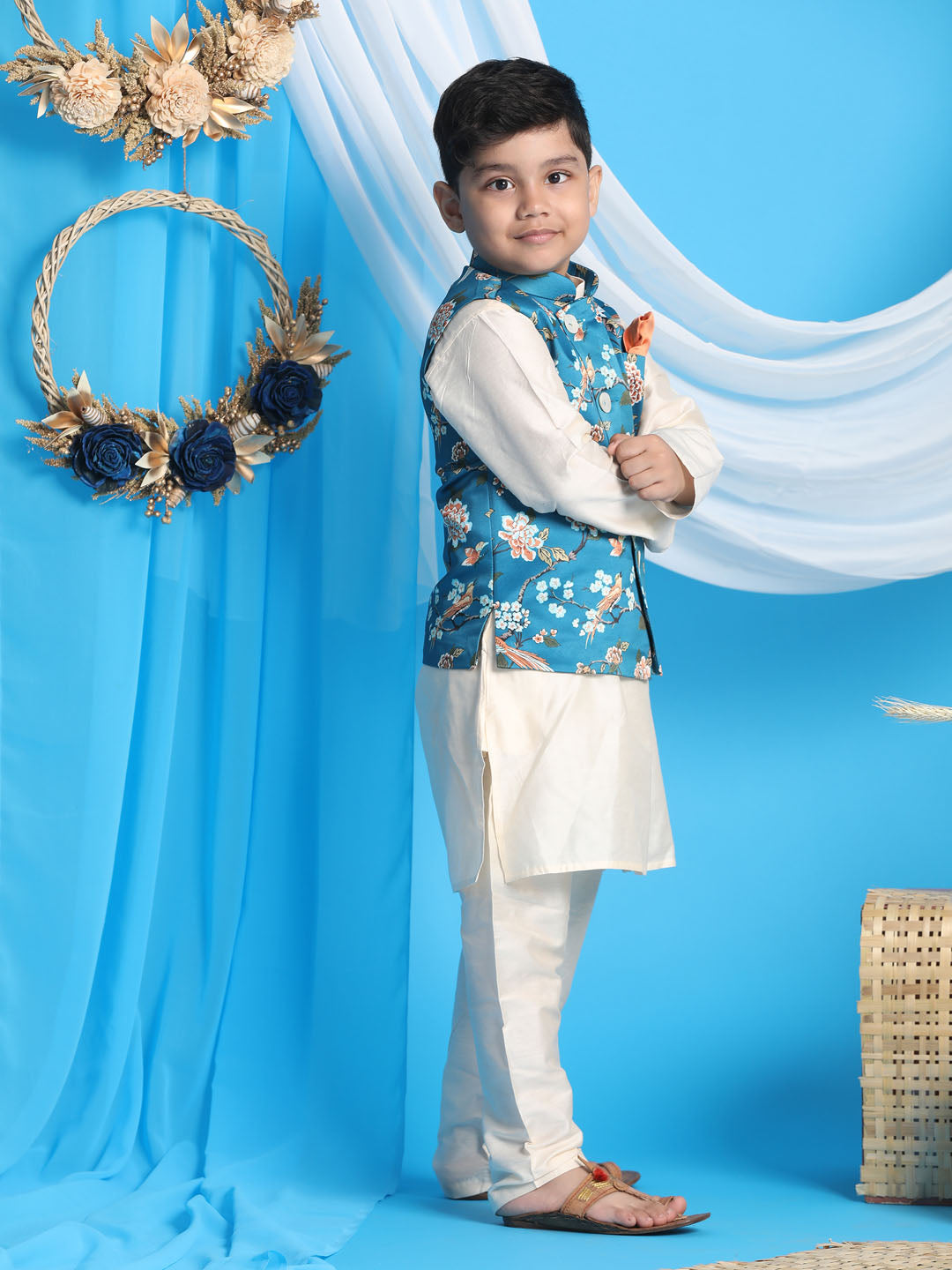 VASTRAMAY Boys Turquoise Blue & Green Printed Nehru Jacket With Cream Color Kurta And Pyjama Set - qivii