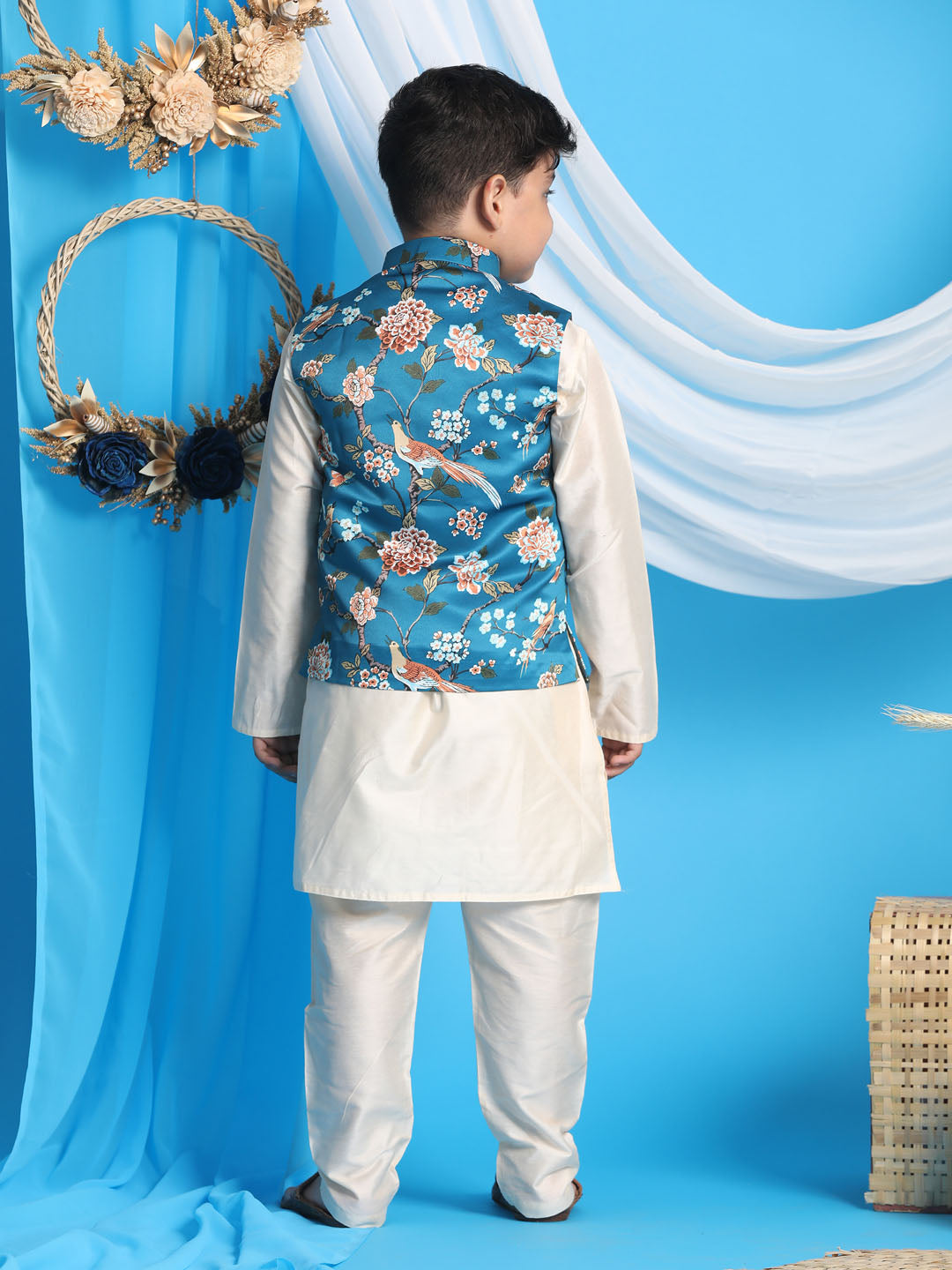 VASTRAMAY Boys Turquoise Blue & Green Printed Nehru Jacket With Cream Color Kurta And Pyjama Set - qivii