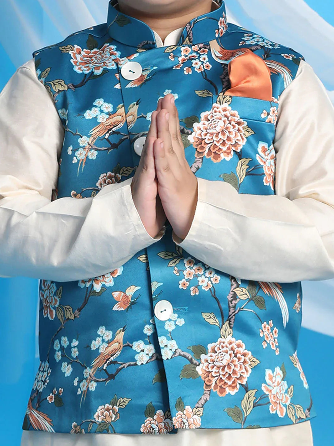 Boy's Turquoise Blue & Green Printed Nehru Jacket With Cream Color Kurta And Pyjama Set