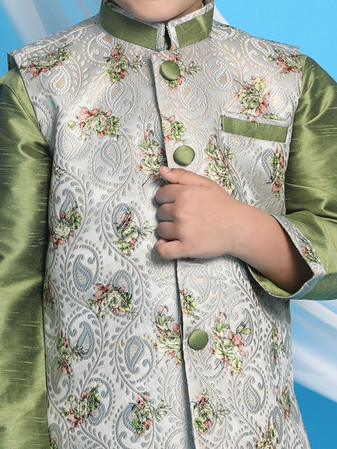 VASTRAMAY Boy's Grey & Green Printed Woven Nehru Jacket - qivii