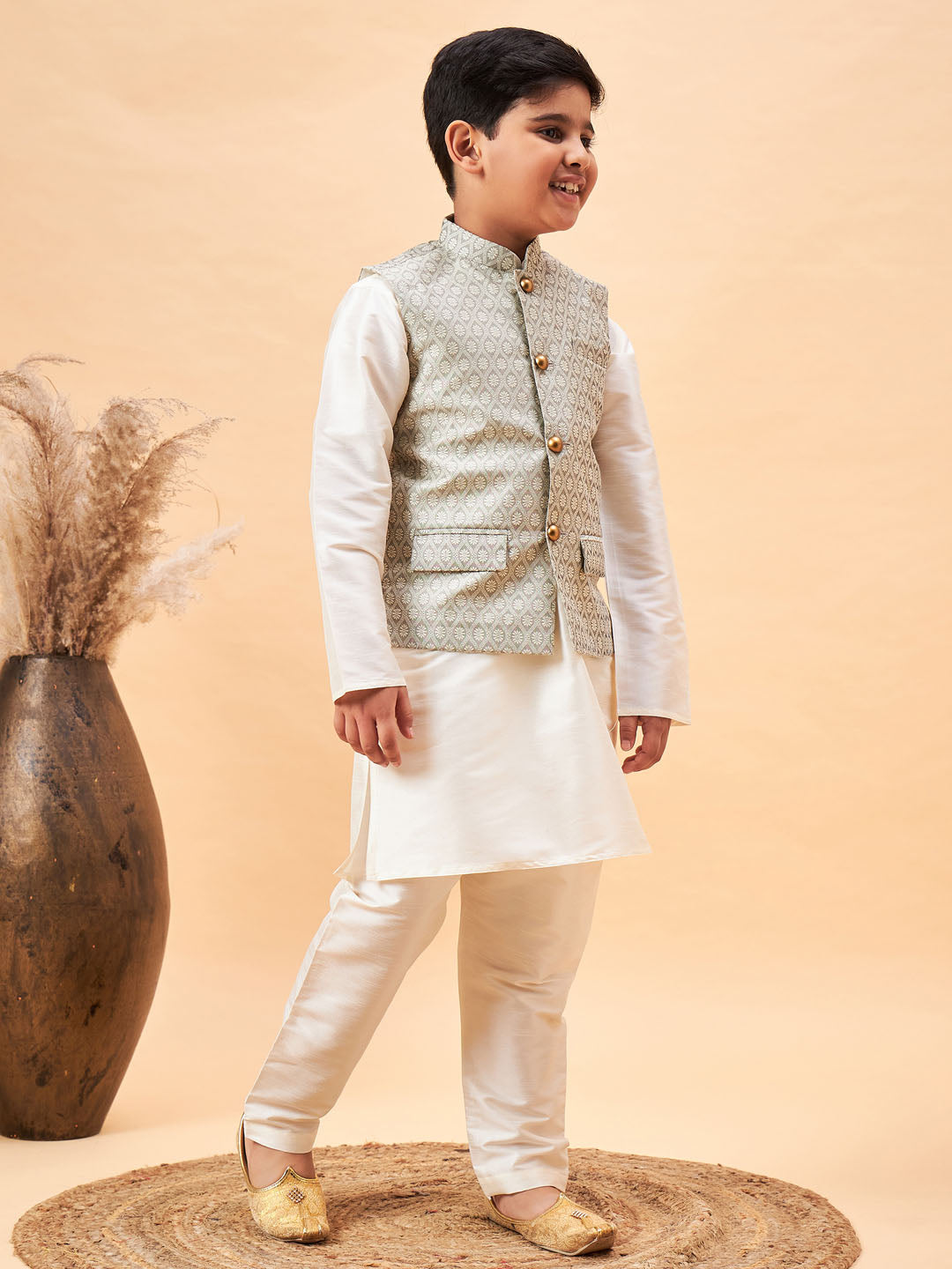 VASTRAMAY Boy's Beige Woven Jacket With Cream Kurta and Pyjama Set - qivii