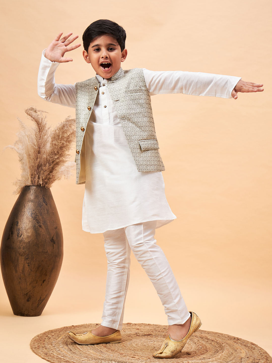 VASTRAMAY Boy's Beige Woven Jacket With White Kurta and Pyjama Set - qivii