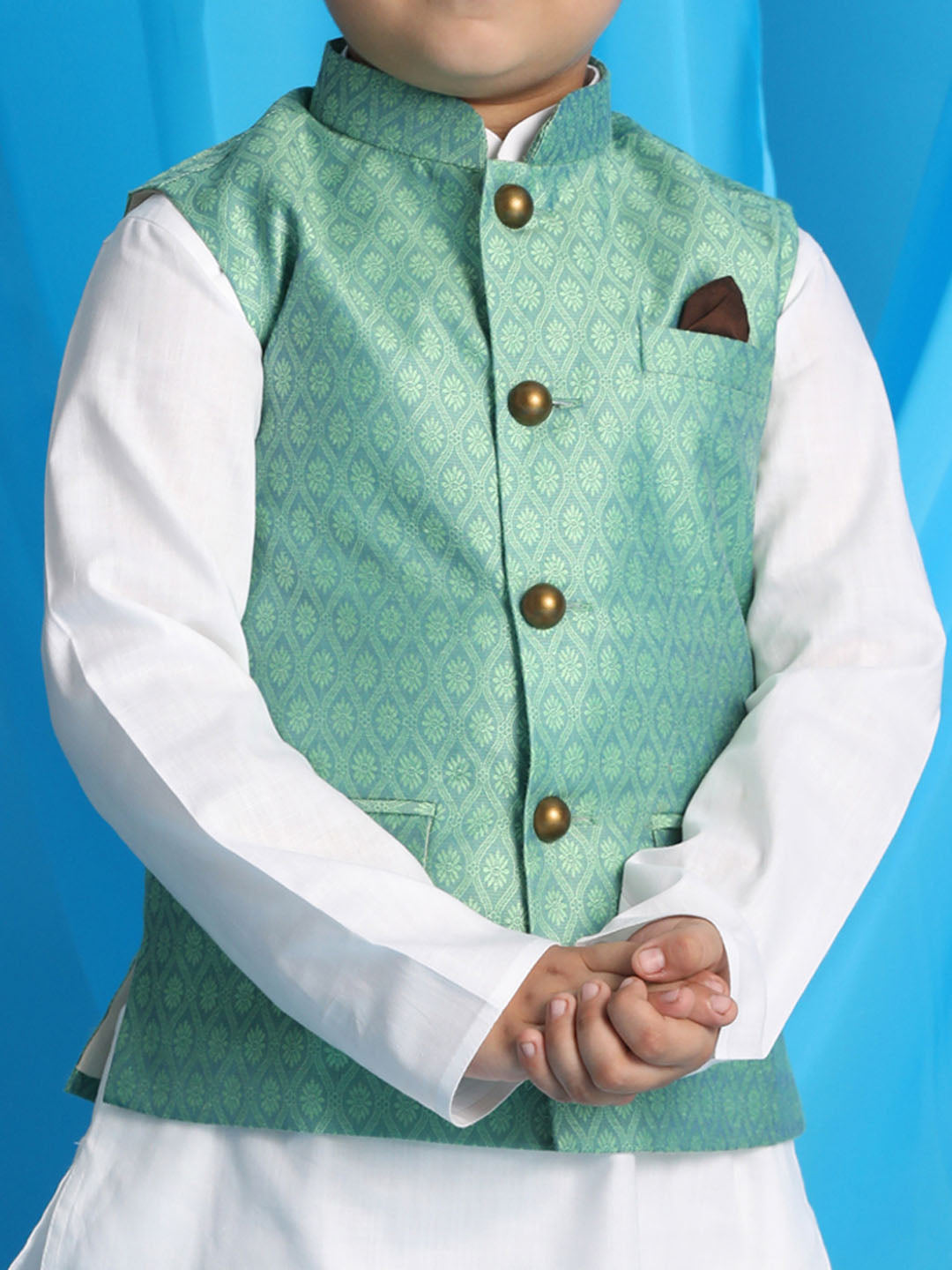 VASTRAMAY Boy's Light Green Woven Jacket With White Kurta and Pyjama Set - qivii