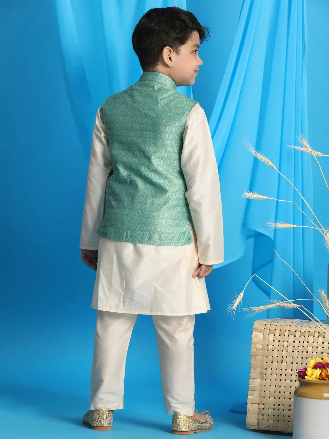 Boy's Light Green Woven Jacket With Cream Kurta And Pyjama Set
