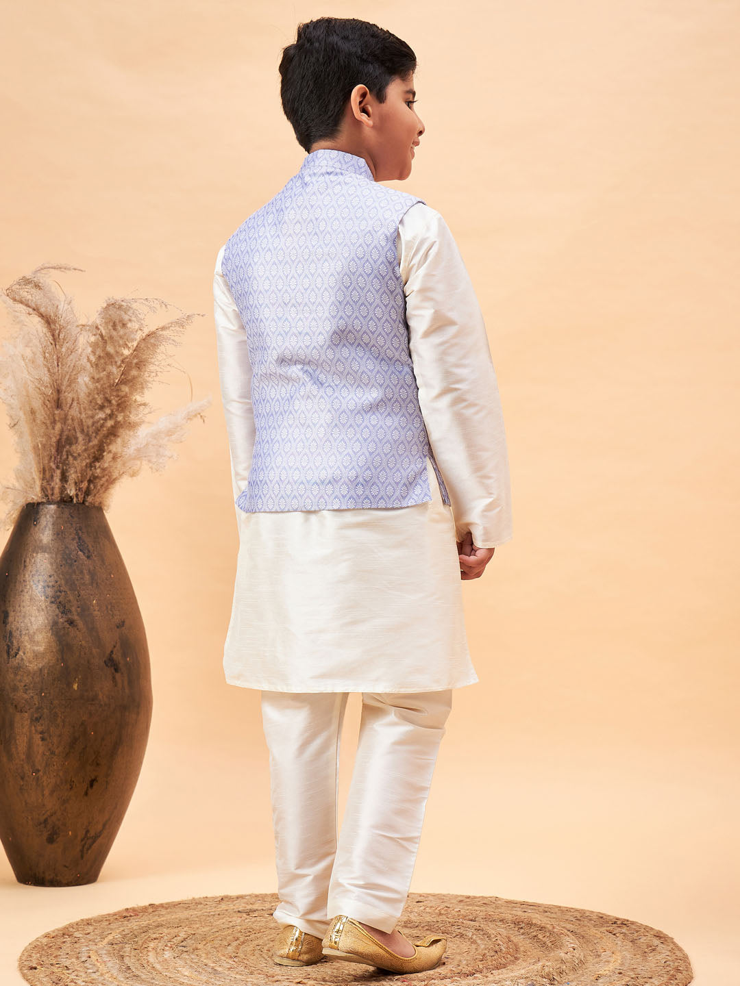 VASTRAMAY Boy's Lavender Woven Jacket With Cream Kurta and Pyjama Set - qivii