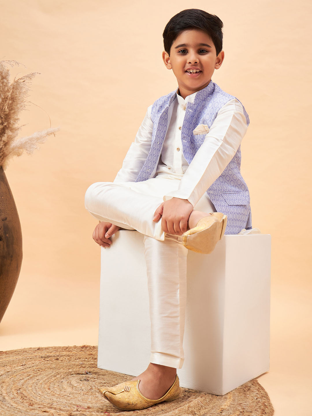 VASTRAMAY Boy's Lavender Woven Jacket With Cream Kurta and Pyjama Set - qivii