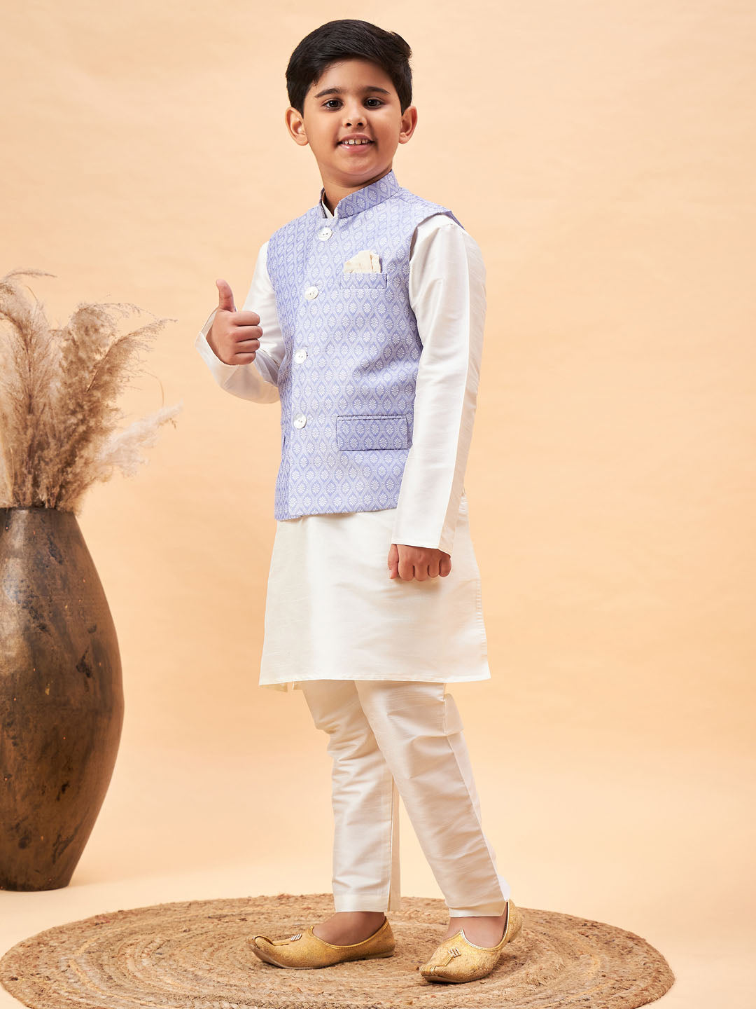 VASTRAMAY Boy's Lavender Woven Jacket With Cream Kurta and Pyjama Set - qivii