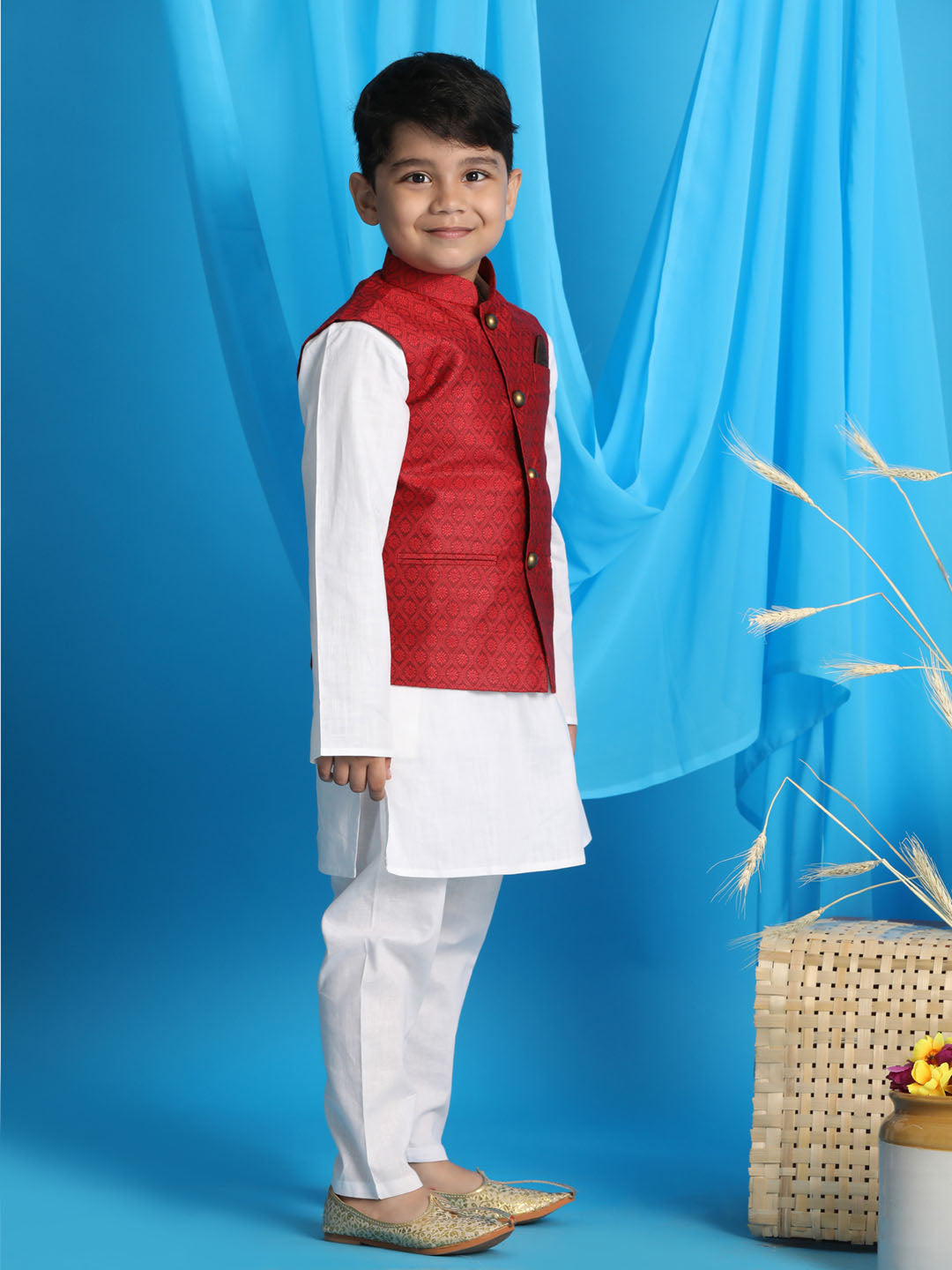 VASTRAMAY Boy's Maroon Woven Jacket With White Kurta and Pyjama Set - qivii