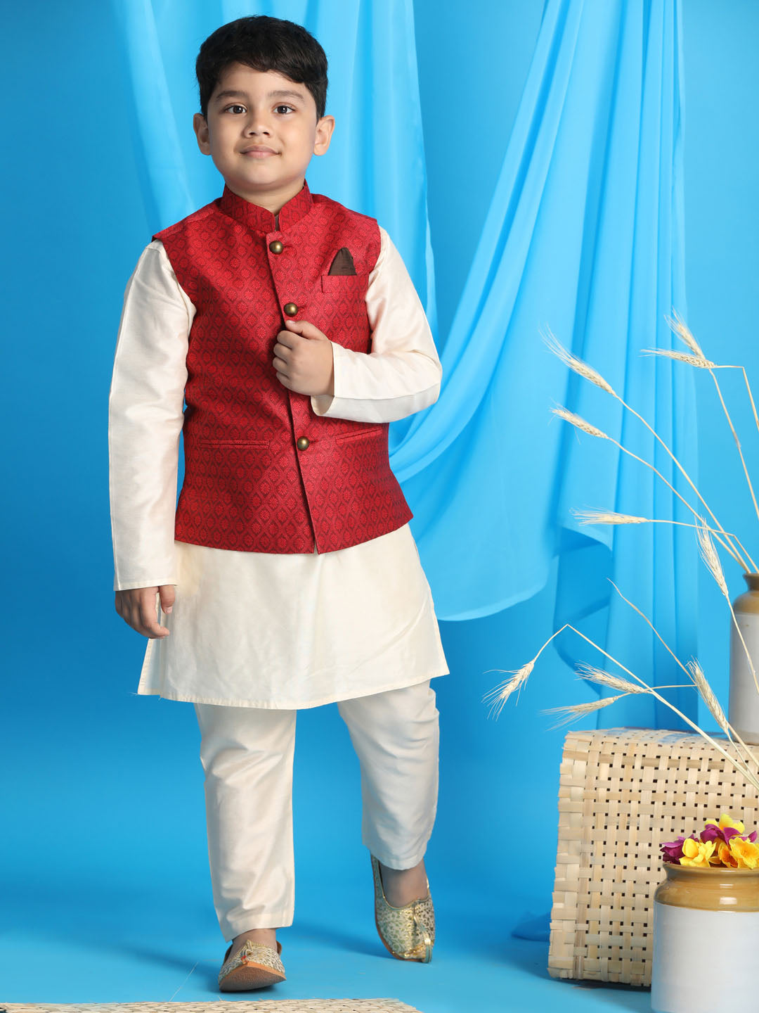 VASTRAMAY Boy's Maroon Woven Jacket With Cream Kurta and Pyjama Set - qivii
