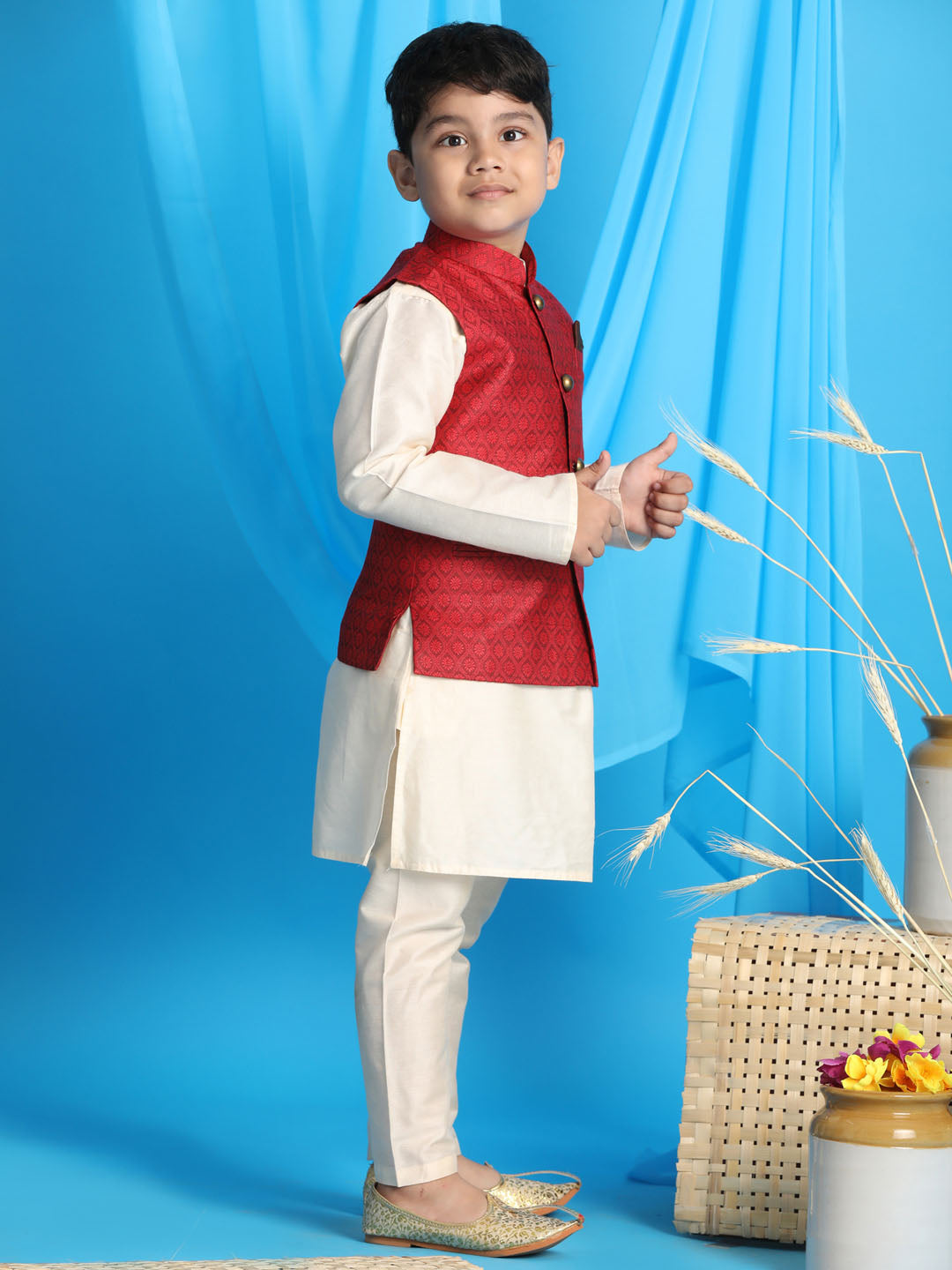 VASTRAMAY Boy's Maroon Woven Jacket With Cream Kurta and Pyjama Set - qivii