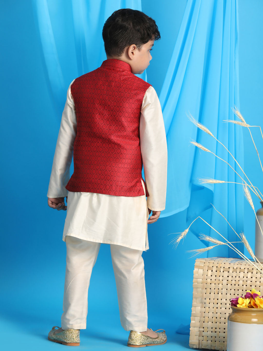VASTRAMAY Boy's Maroon Woven Jacket With Cream Kurta and Pyjama Set - qivii
